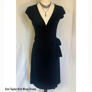 Versatile Ann Taylor Black Knit Cap Sleeve Wrap Dress Side Tie